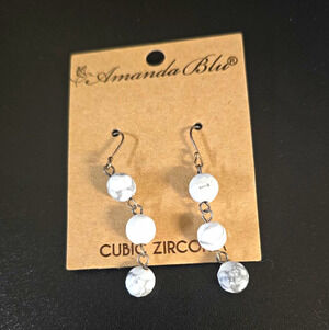 Amanda Blu Gold Tone White Beaded CZ Dangle Hook Earrings Round 90268
